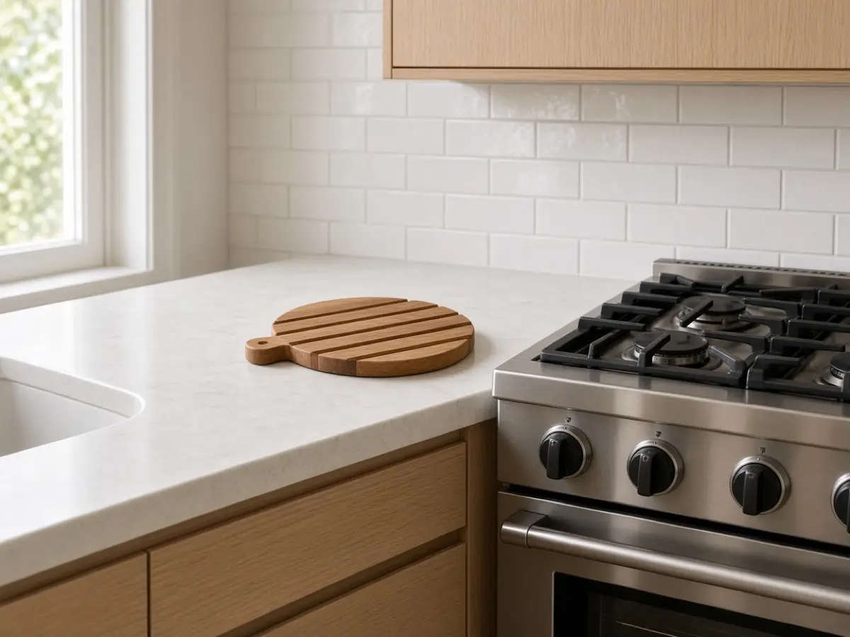 A trivet waiting on the counter beside a small apartment range