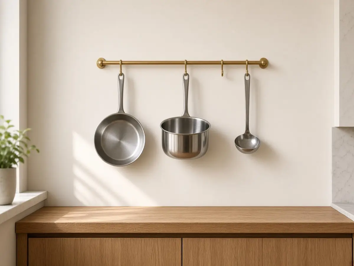 A slim brass rail with three pans and one ladle on the hooks