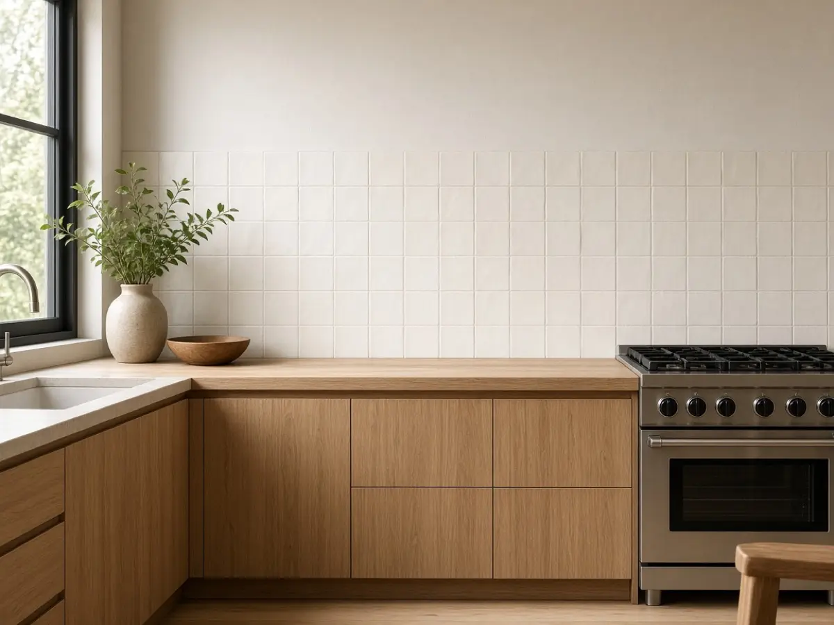 Peel-and-stick tile on one kitchen wall, stopping short of the range and the counter caulk