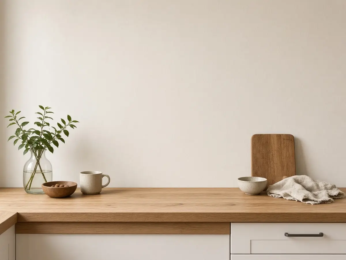 A plain warm-white kitchen wall above a clear counter, with no tile and no shelves