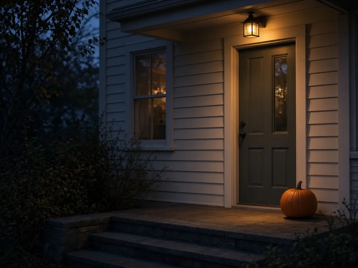 A warm porch light on at dusk above a simple fall door