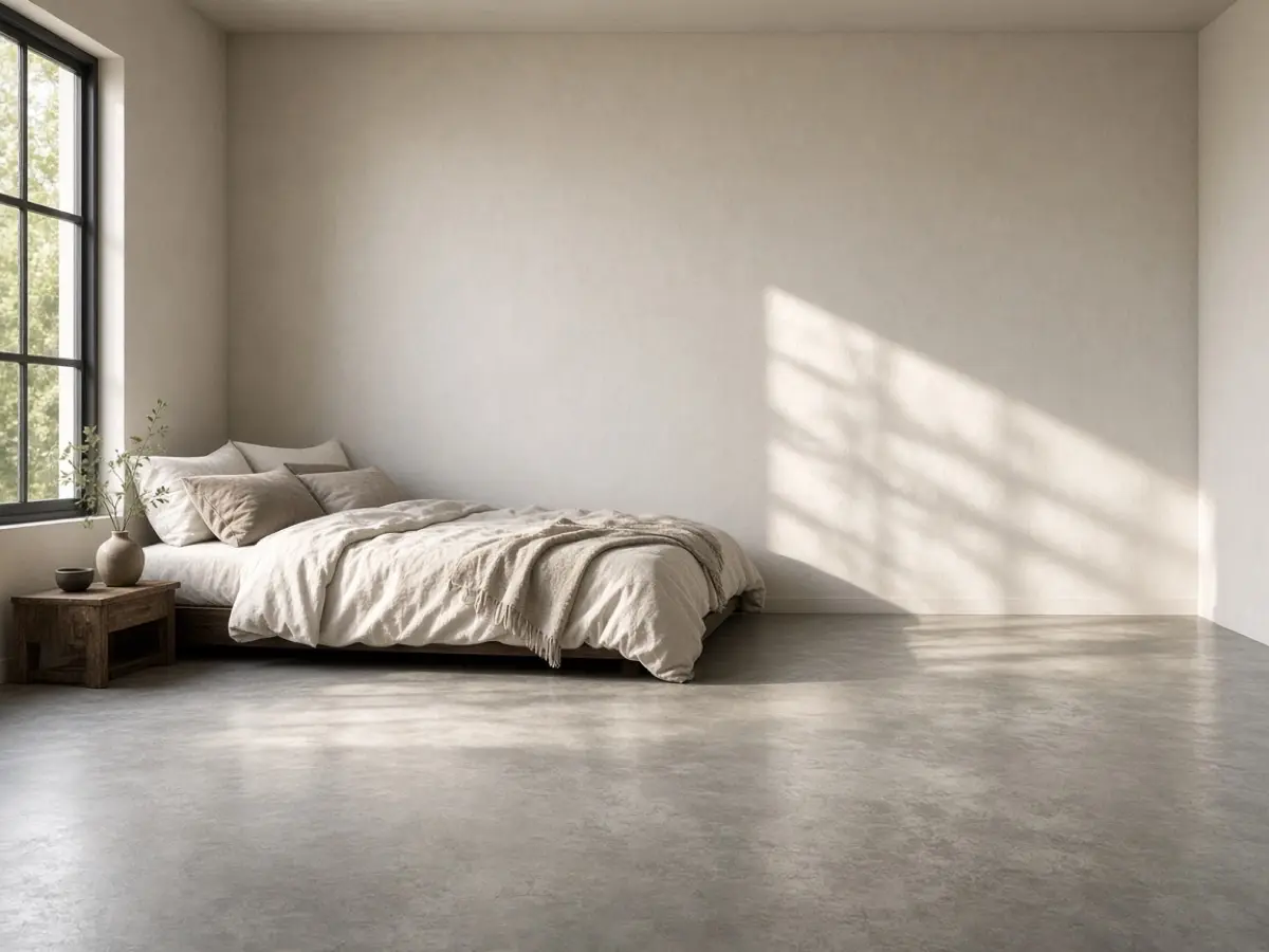 A bed against the far wall of a studio with space at the foot
