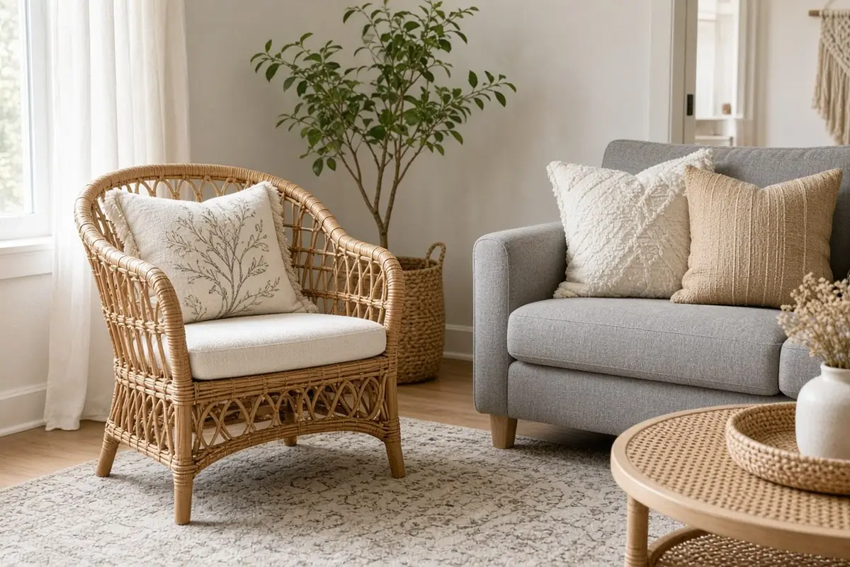Rattan accent chair next to a gray sofa