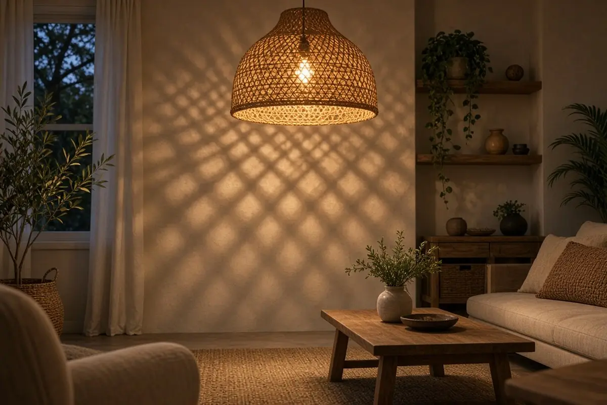 Rattan pendant shade casting patterned light