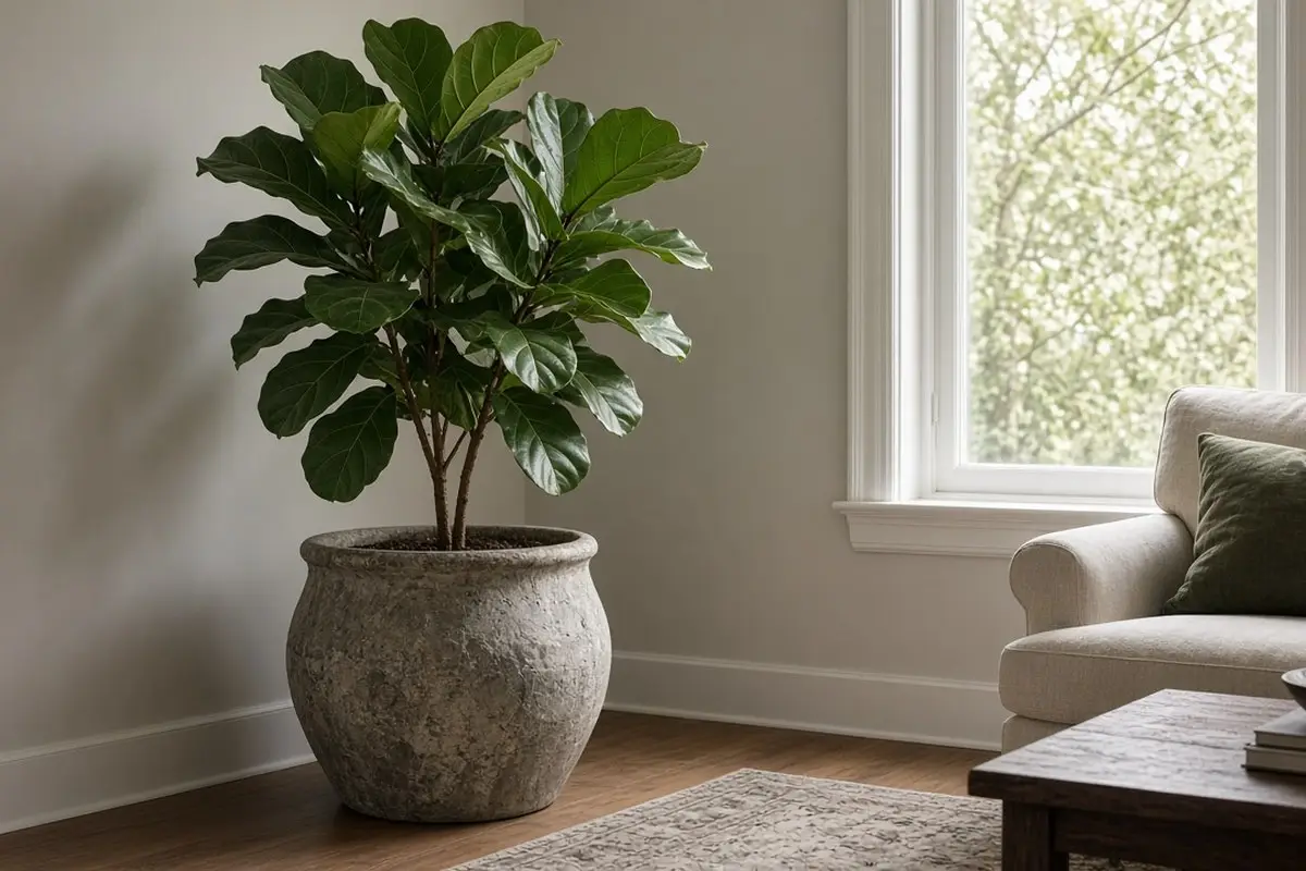 Tall fiddle leaf plant in a heavy pot by a window