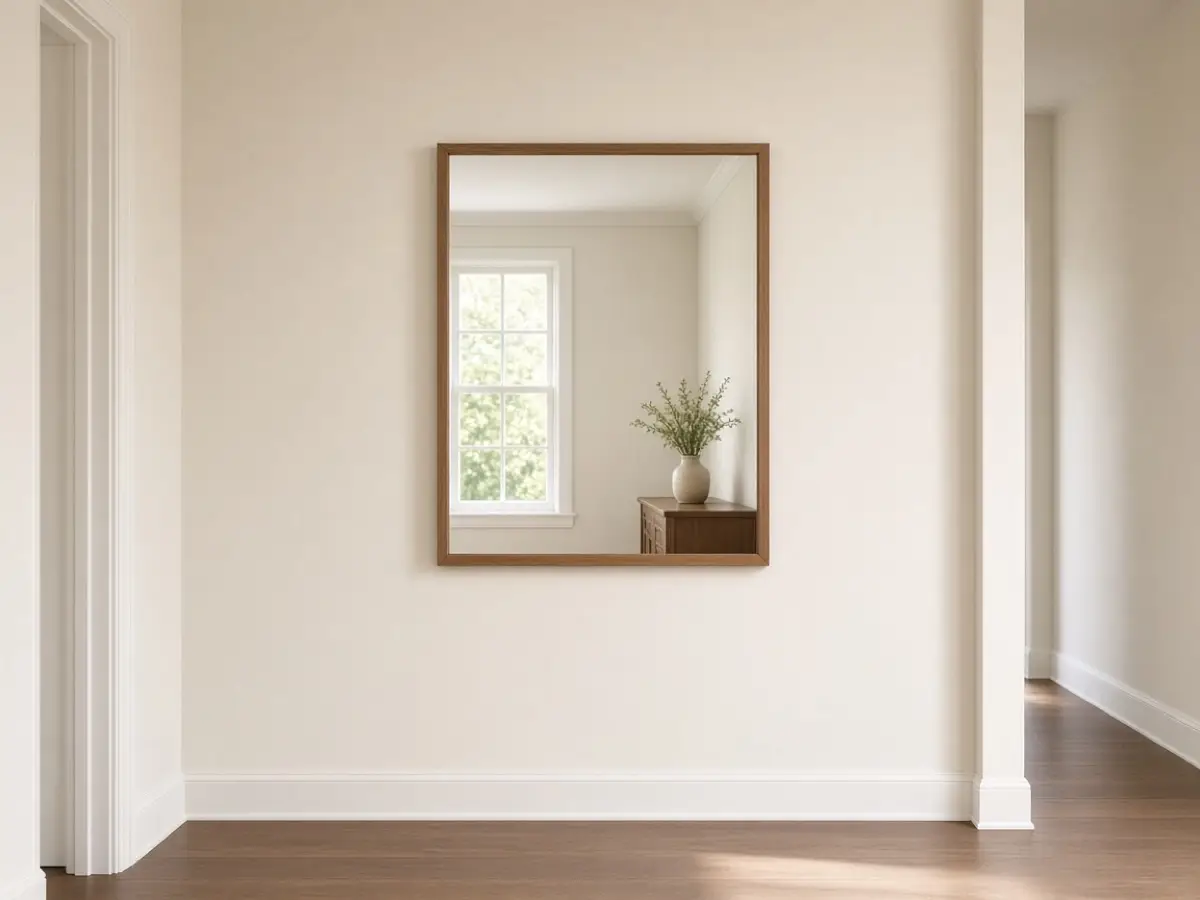 A hallway mirror hung straight at eye level on a simple hook