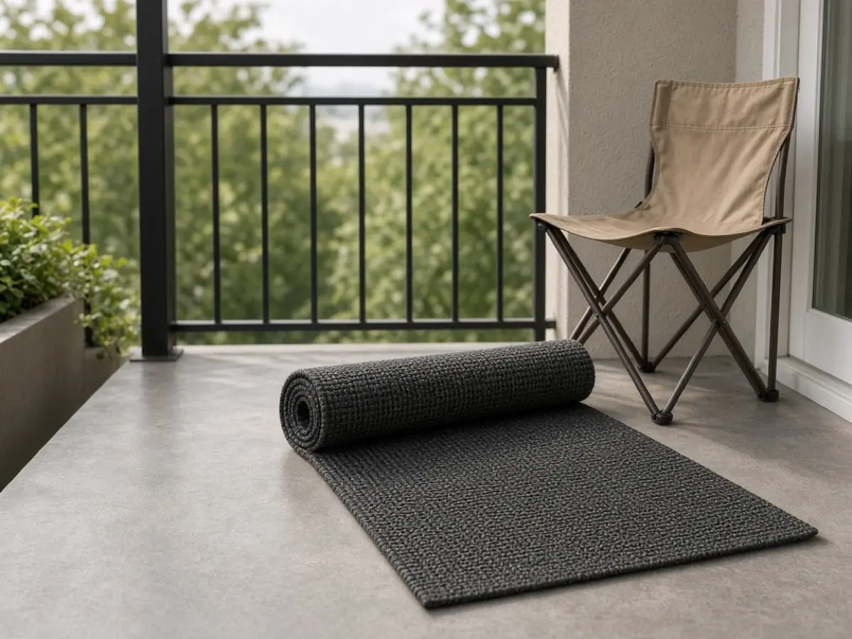 A dark outdoor rug rolled at one end on a small balcony