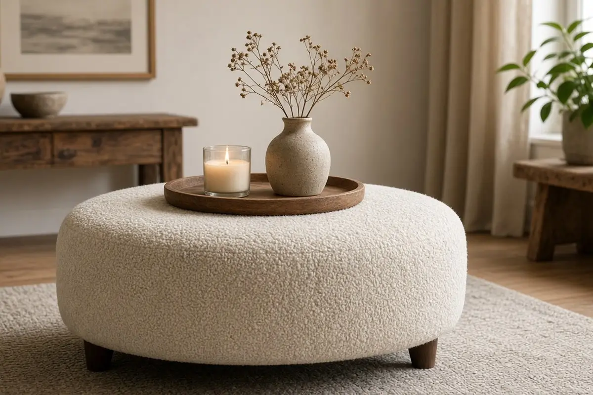 Round ottoman styled with a wooden tray, a candle, and a small vase