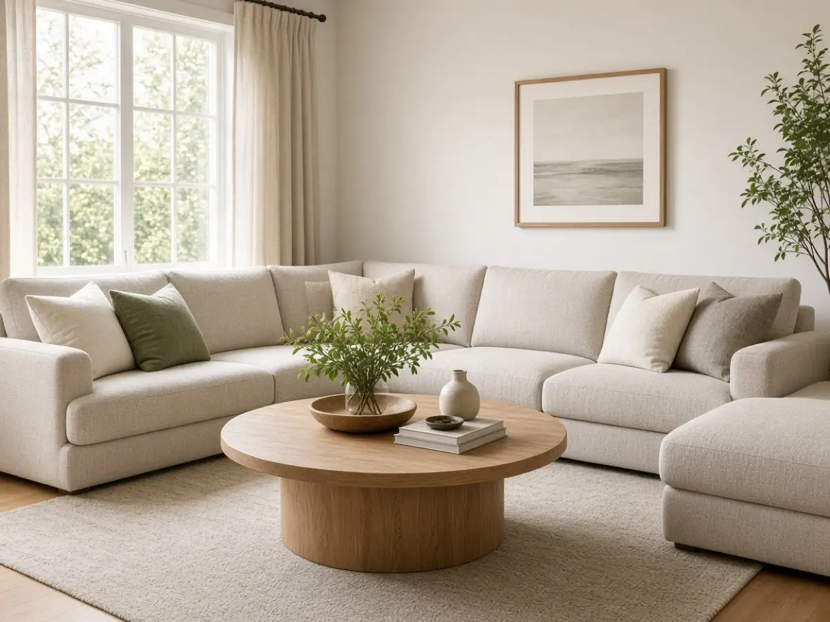A round coffee table centered inside an L-shaped sofa