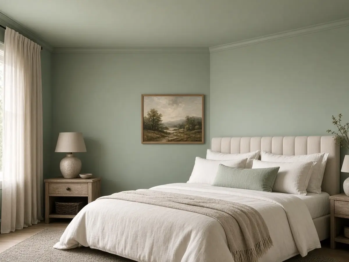 A bedroom ceiling painted a soft sage close to the wall color
