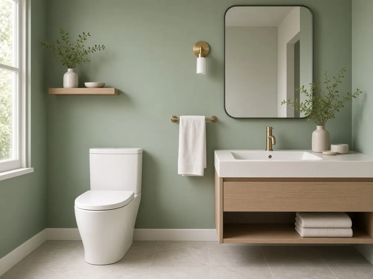 Soft sage walls around a white toilet and a white sink