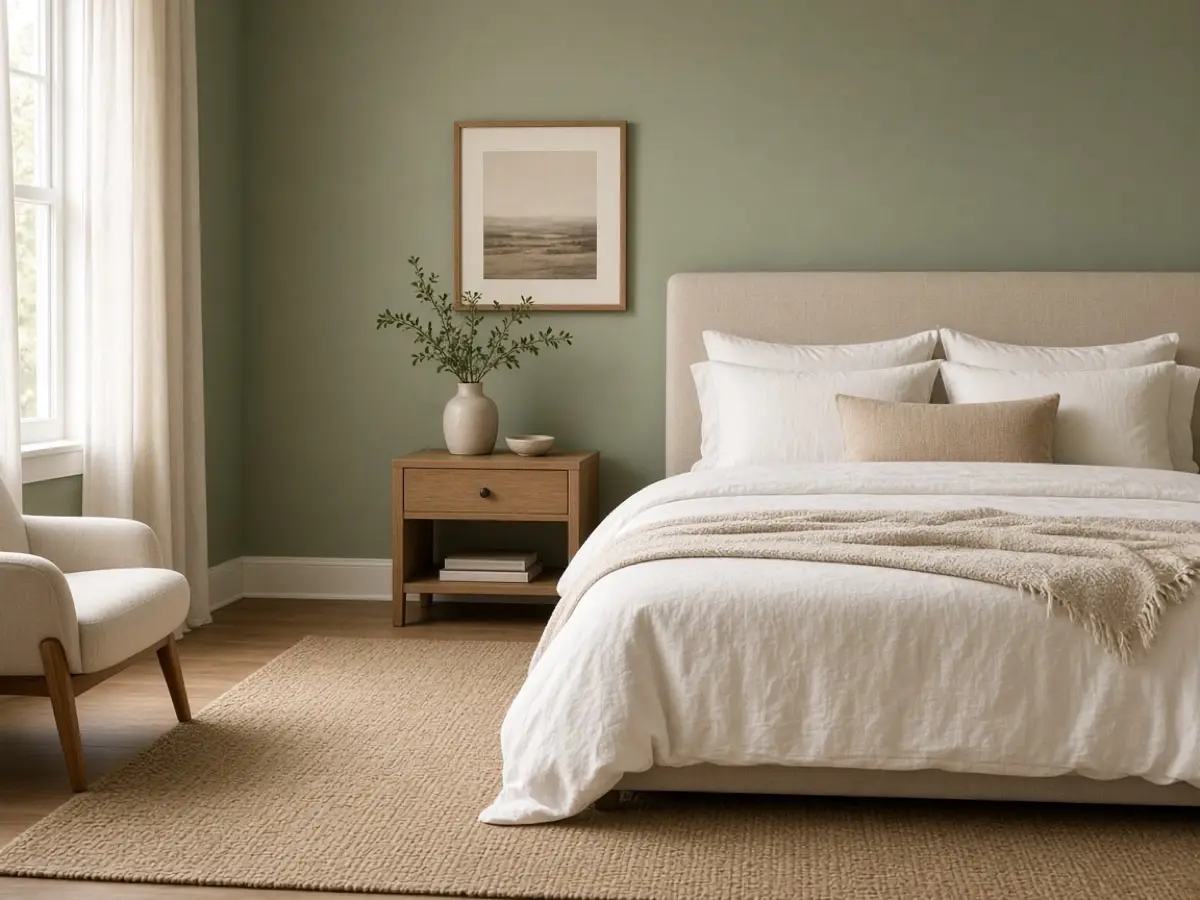 A sand colored rug beside a bed in a sage bedroom