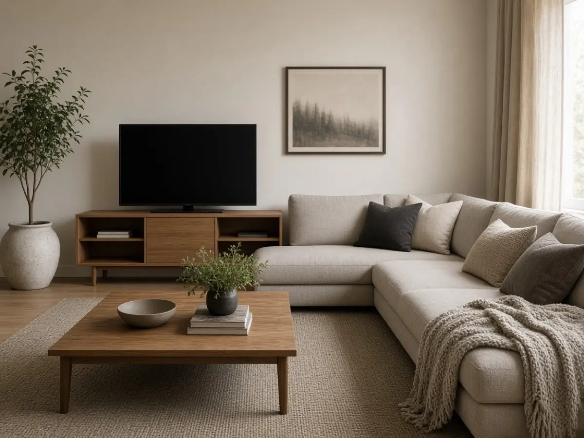 A modest screen centered on the long run of an L-shaped sofa