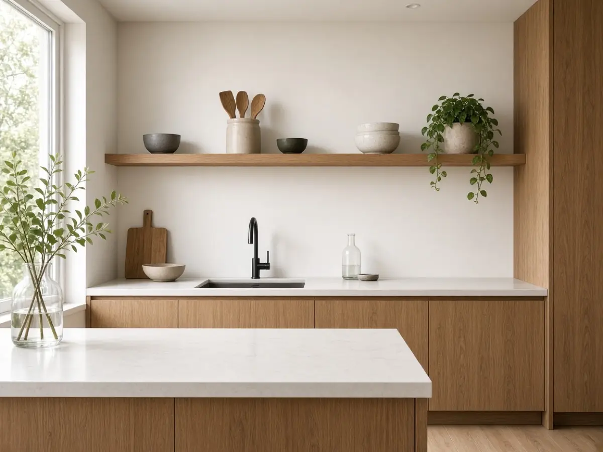 A shallow shelf above a prep counter instead of a deep upper cabinet