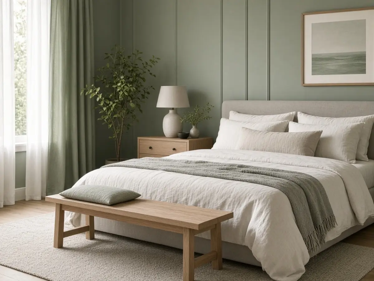 Sage bedding with cream pillows and one brass lamp, no peach