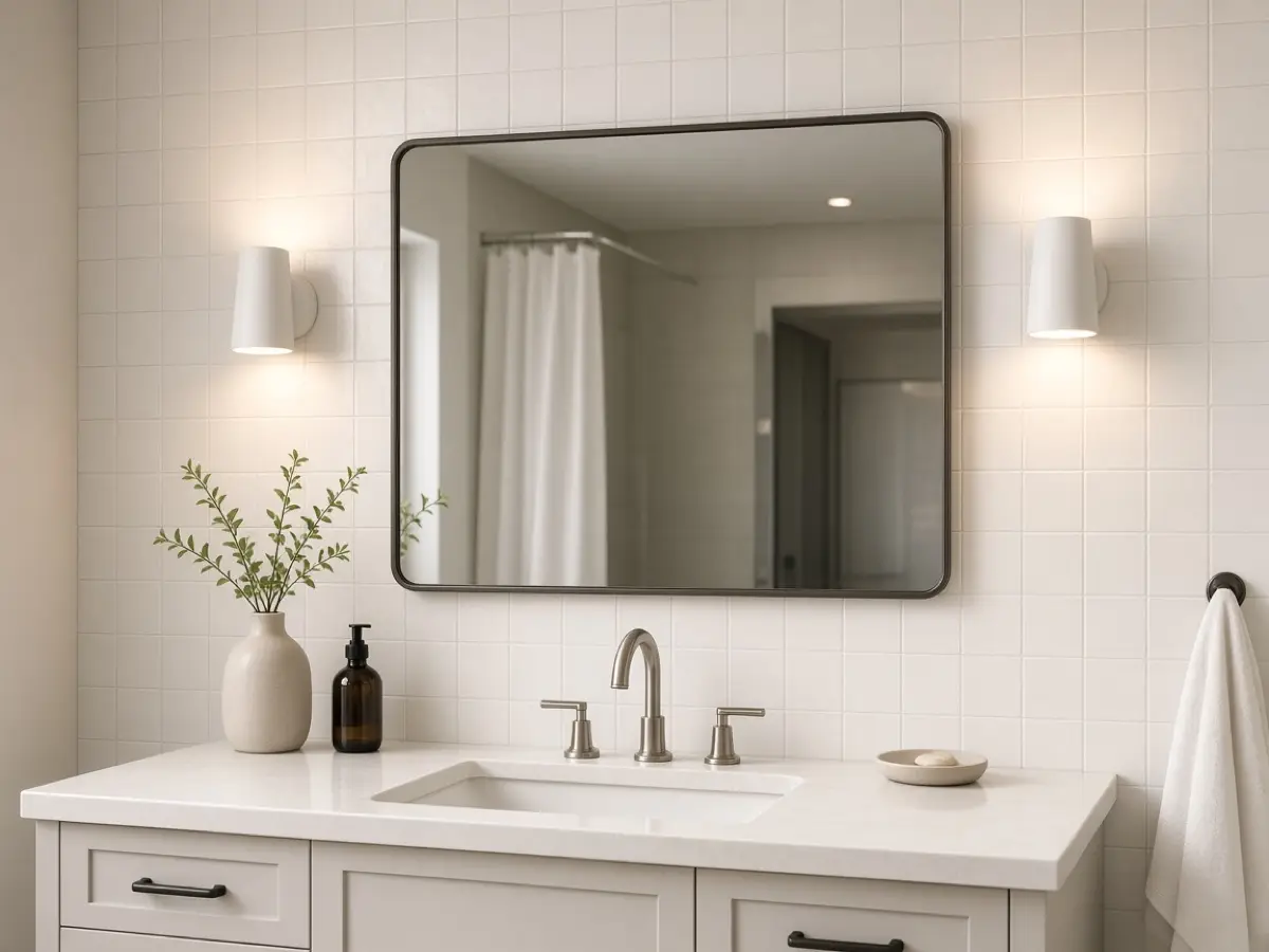 A pair of simple white sconces flanking a bathroom mirror at face height