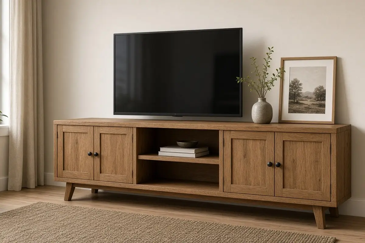 Wood sideboard used as a TV stand with a framed print beside