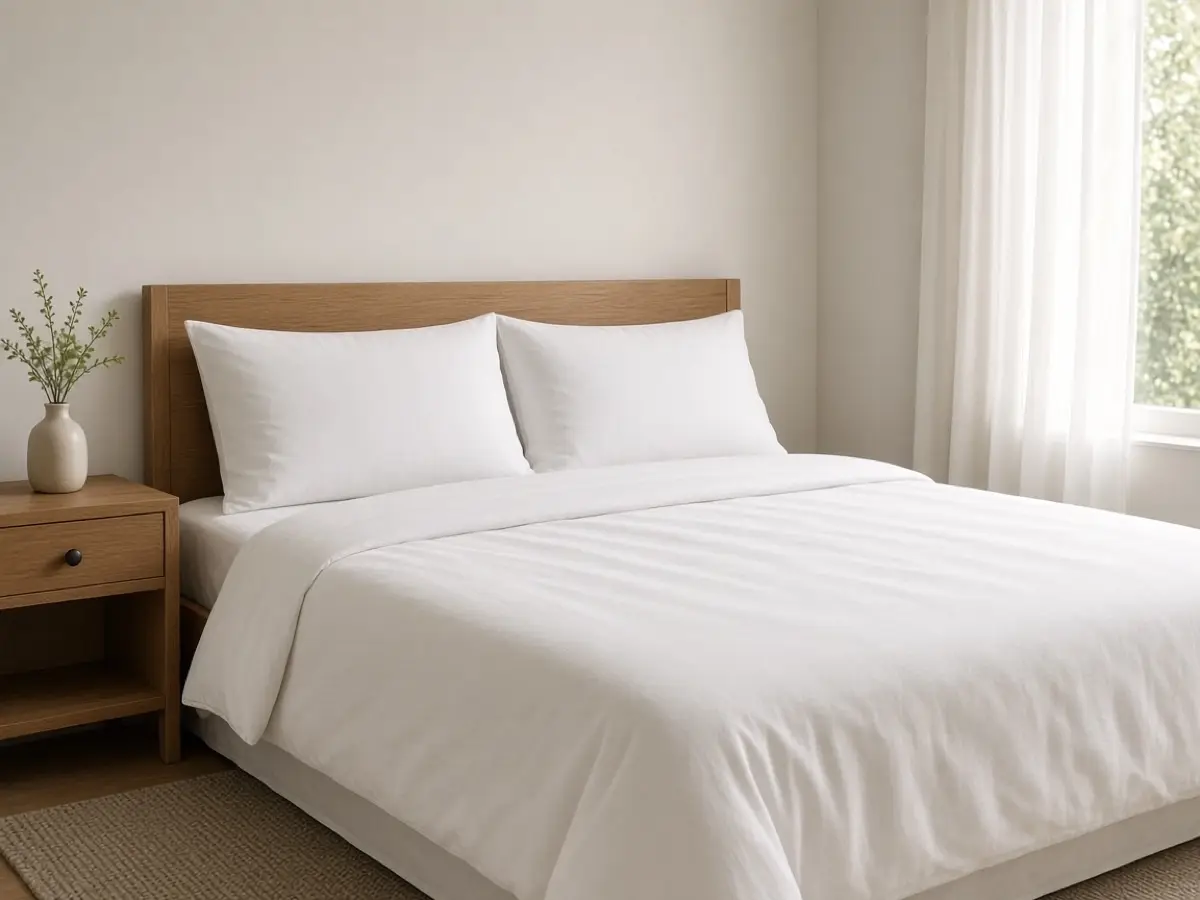 Two plain sleeping pillows on a made guest bed, no decorative pile