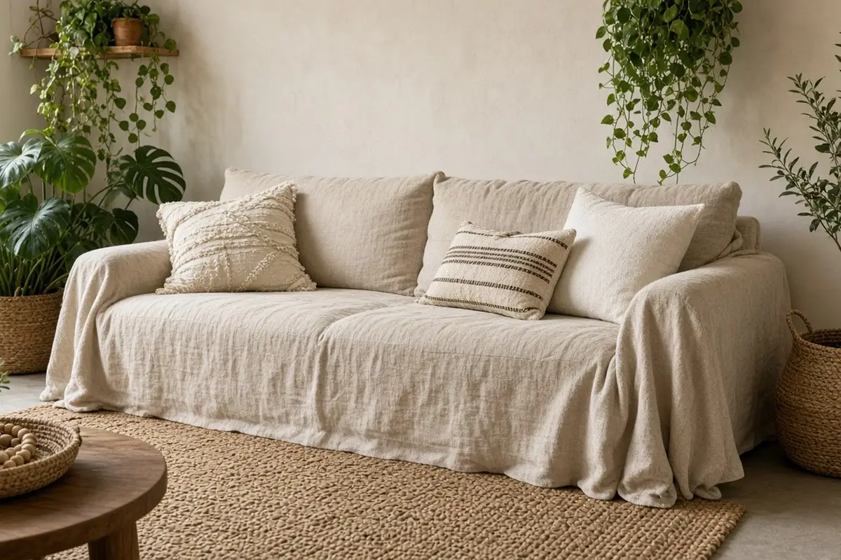Oatmeal slipcover on a gray sofa in a boho living room