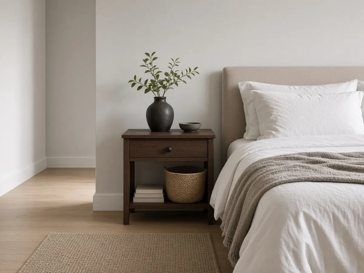 A small nightstand tight beside a bed, clear of the walking path