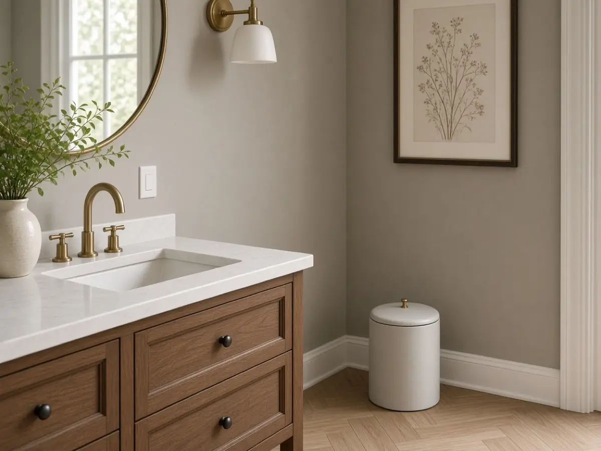 A small lidded trash can on the floor beside a powder room vanity