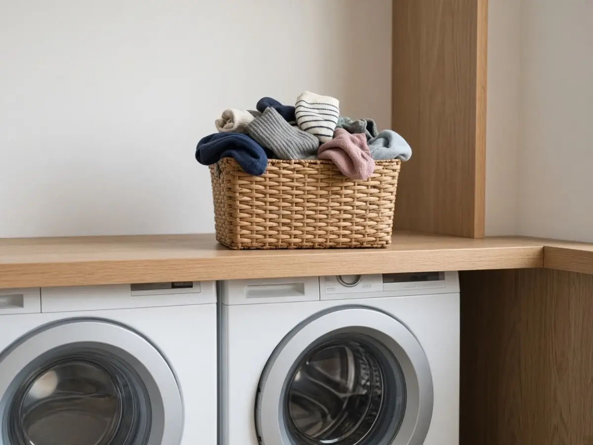 A small shoebox-size bin of mismatched socks on a laundry shelf