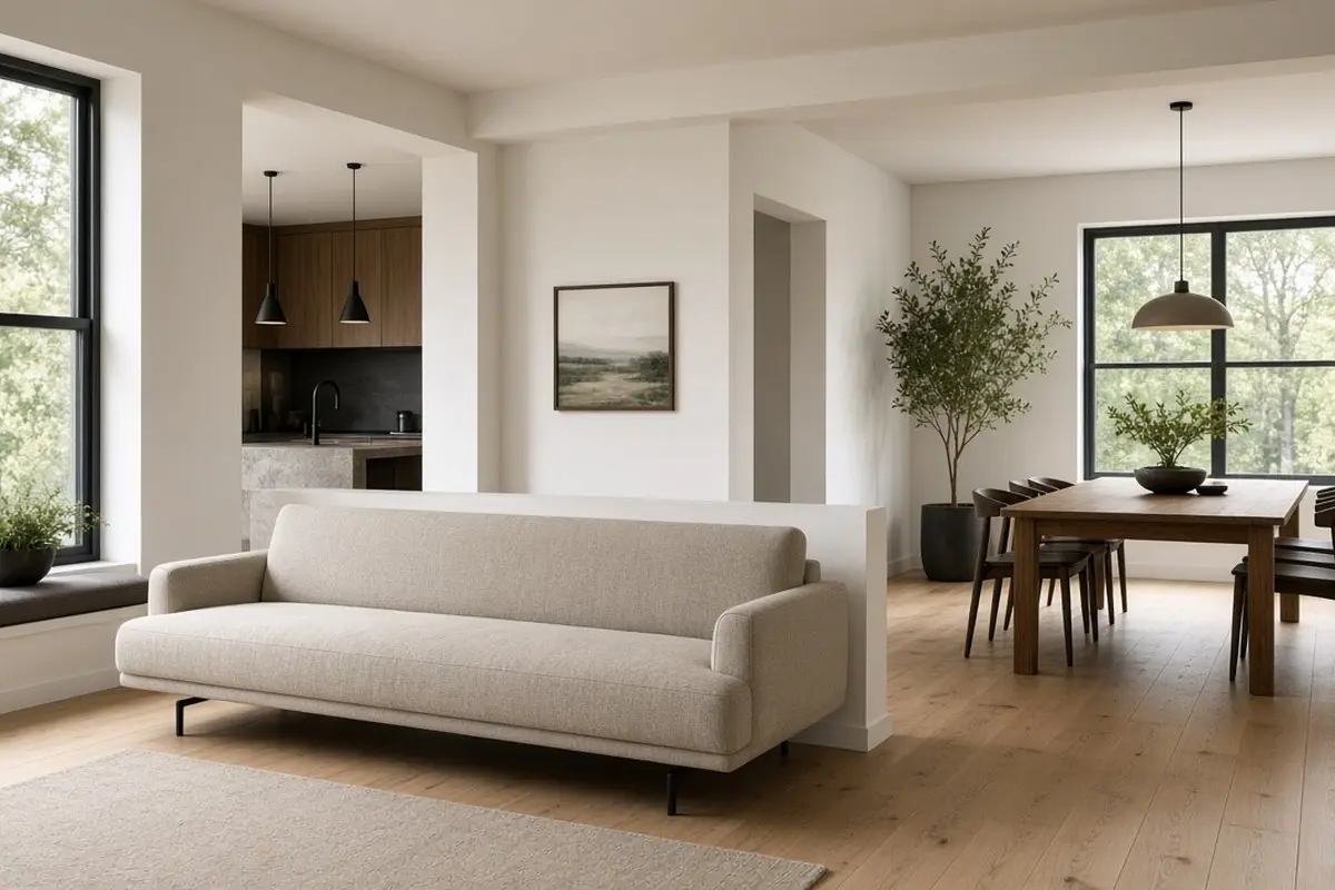 Floating sofa with its back facing a dining table