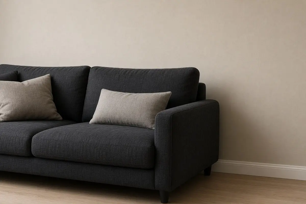 Charcoal black linen sofa beside a warm beige wall