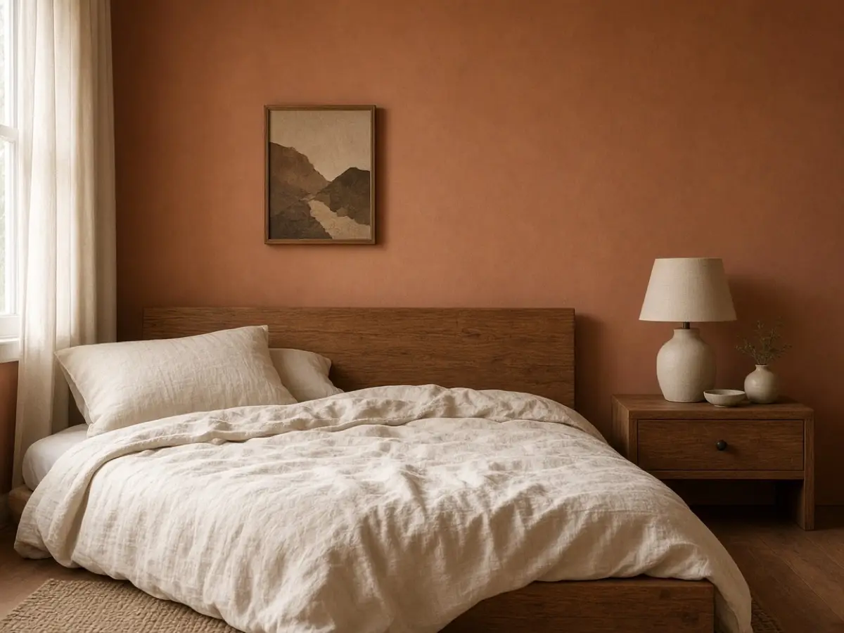 Soft clay bedroom walls beside cream sheets and a wood headboard