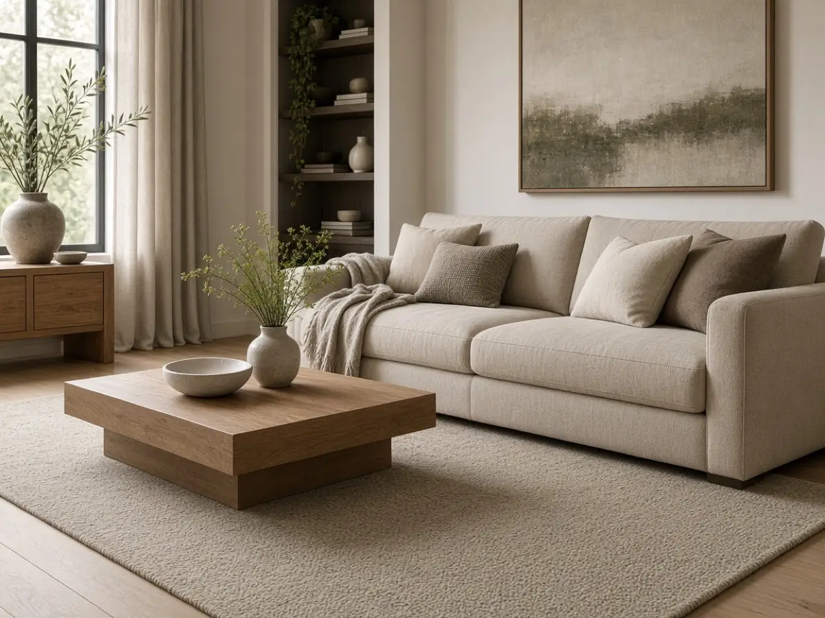 A solid beige rug under a sofa, no stripes or wave patterns