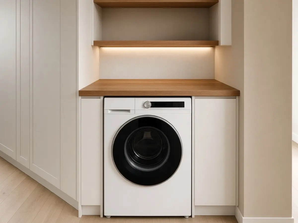 A small light under a shelf shining onto the top of a washer