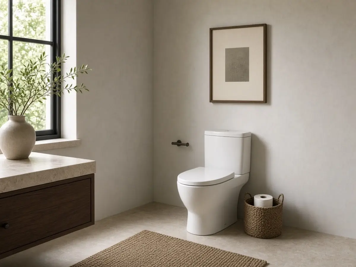 A spare toilet paper roll in a small basket within reach of the toilet