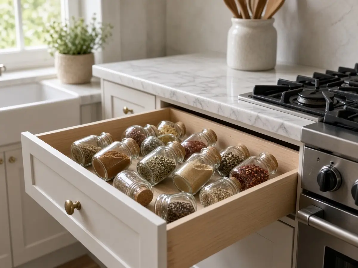 Spice jars lying in a shallow drawer beside the stove