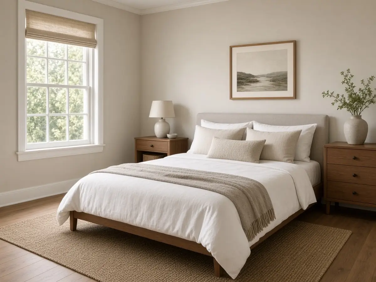 A simple guest bedroom with the usual storage bins moved out