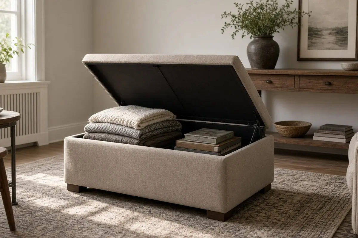 Open storage ottoman holding folded throws and board games