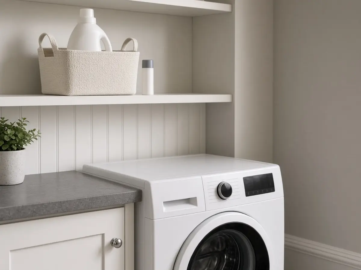 A small caddy of detergent and a stain stick on a shelf above the washer