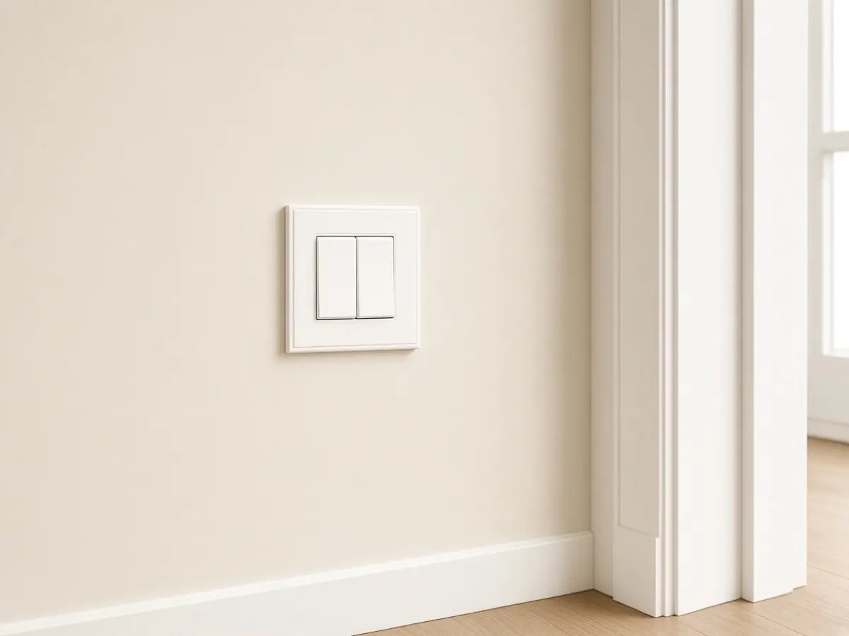 A white switch plate on a clean painted wall beside a white door