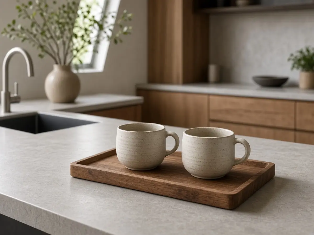 Two stoneware tea cups on a tray, no row of coffee mugs