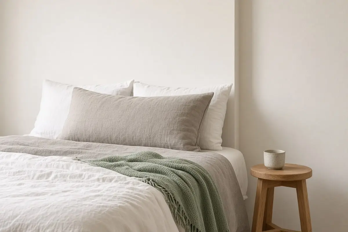 Layered white and warm gray bedding with a sage throw and a linen pillow
