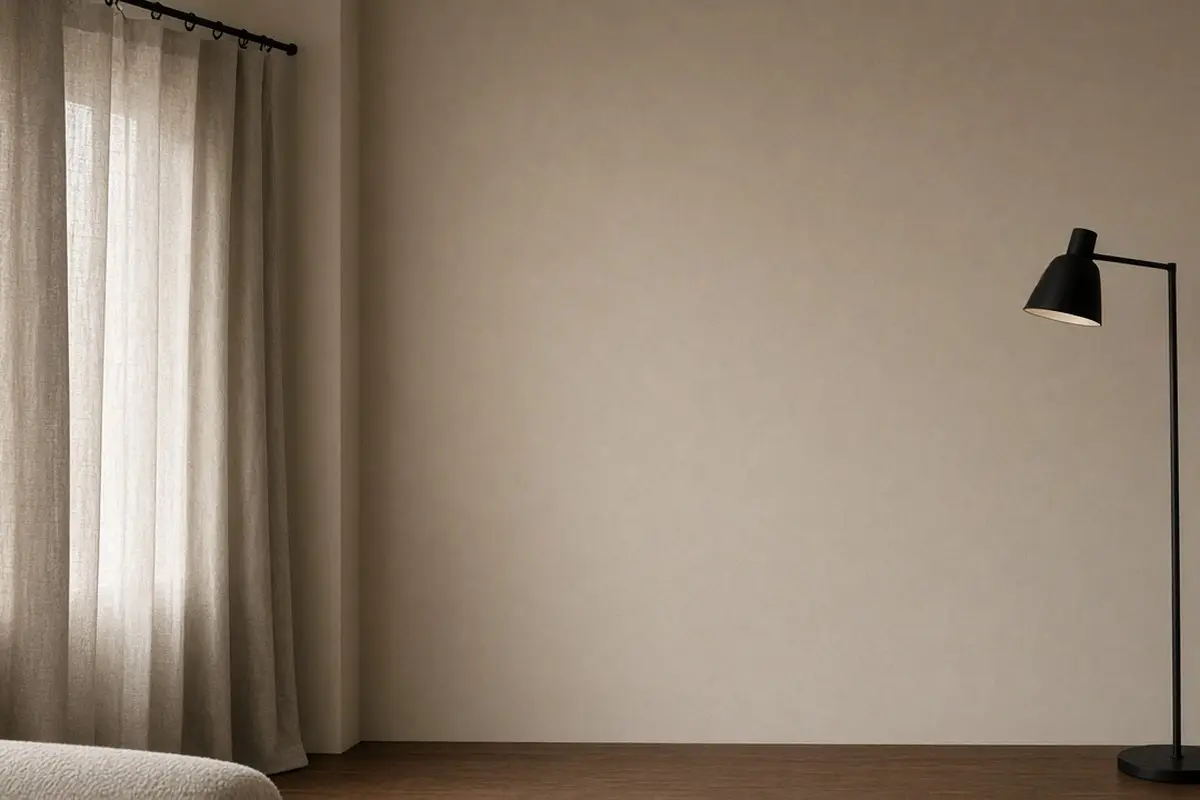 Thin black curtain rod and lamp stem against beige walls