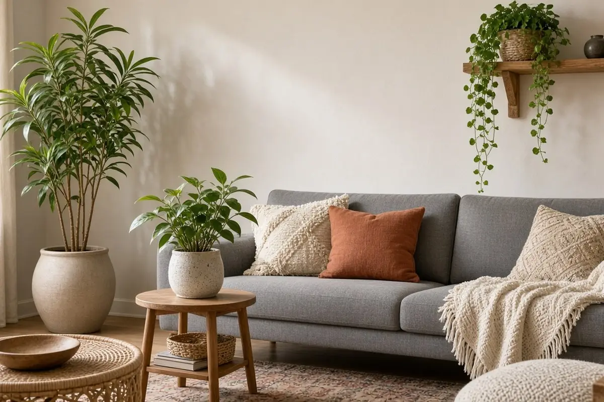 Plants at floor, table, and shelf height around a gray sofa