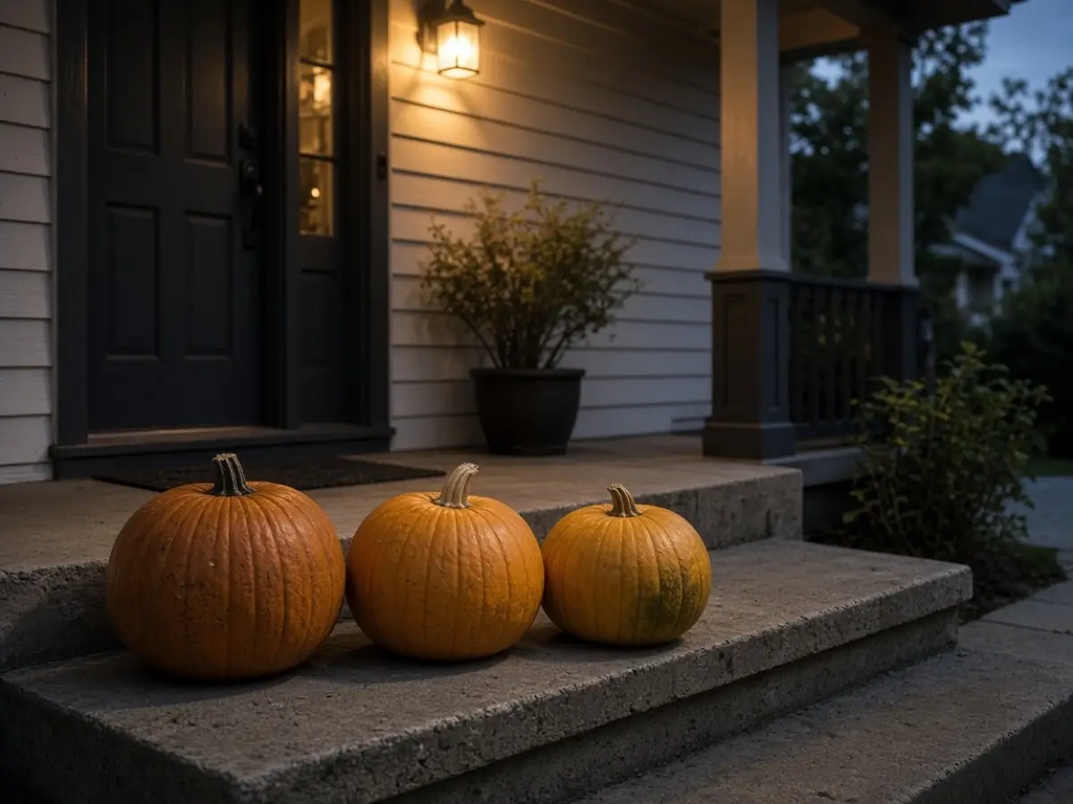 Three uncarved pumpkins on a front step beside a warm porch light