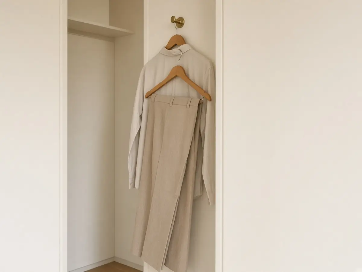 A brass hook inside a closet holding one shirt and trousers