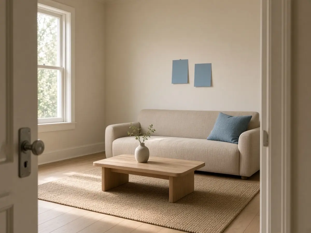 A doorway view of a beige living room with only two blue notes