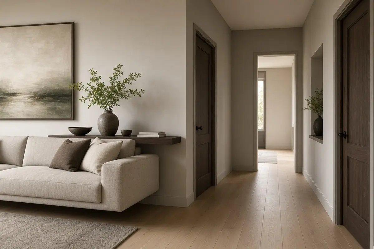 Floating sofa with a slim console behind it beside a walking path