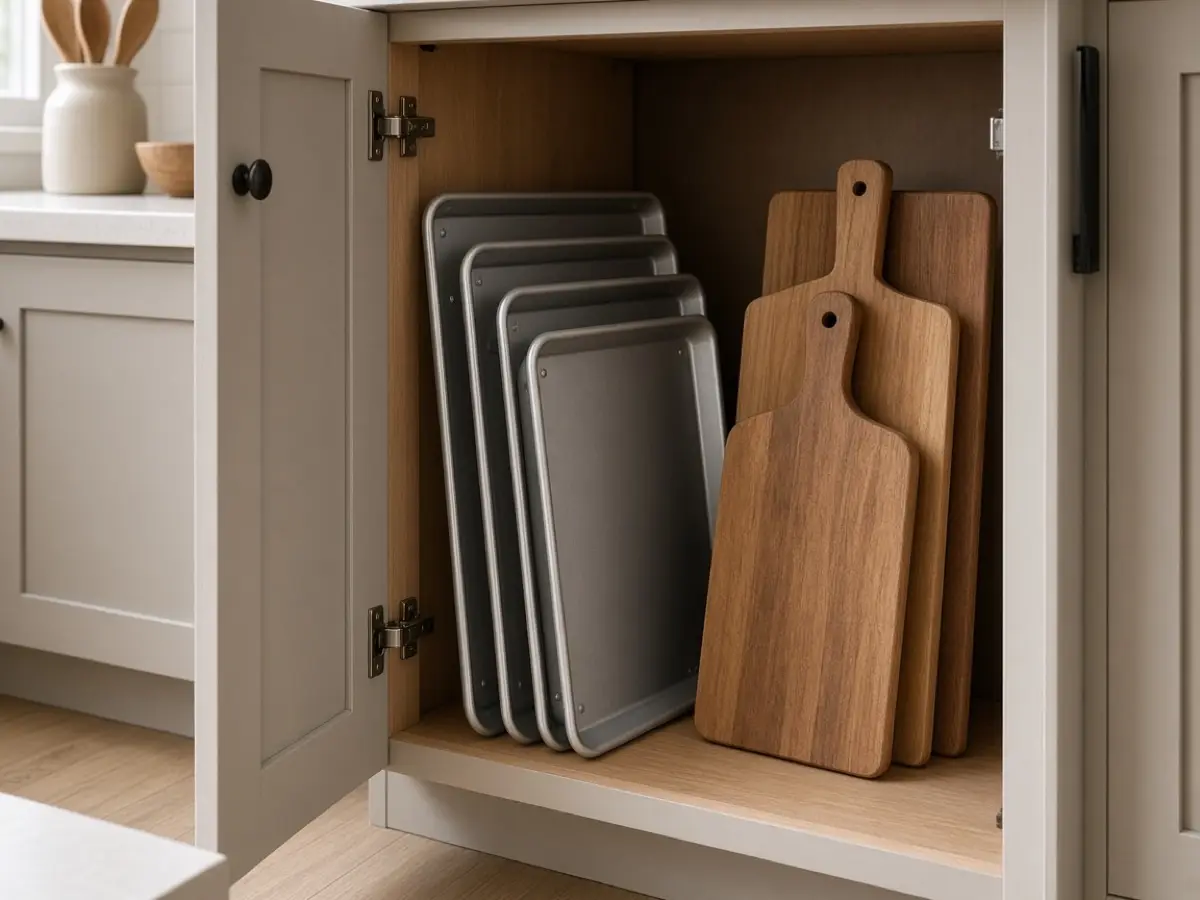Sheet pans and cutting boards standing upright in a cabinet