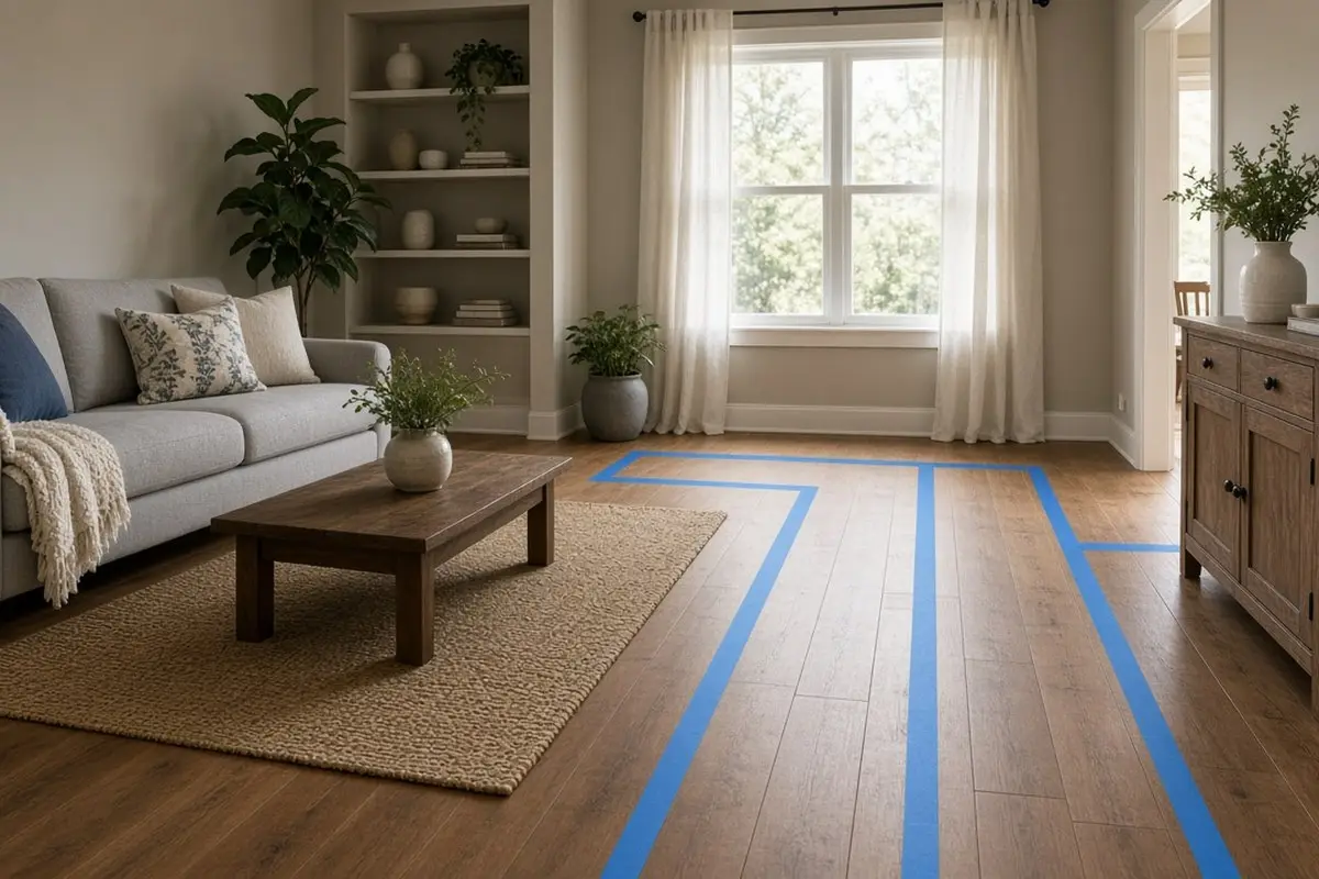 Painter’s tape marking a walking path across a small living room floor