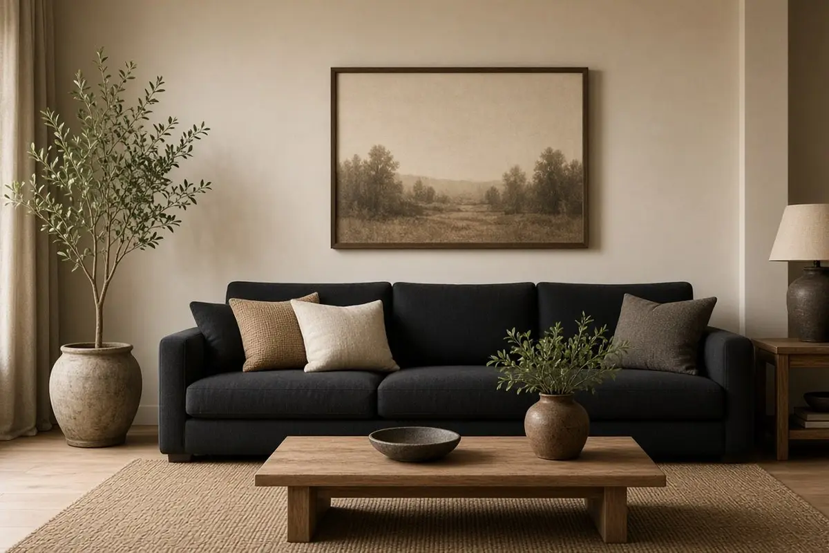 Living room with warm beige walls and a single black sofa