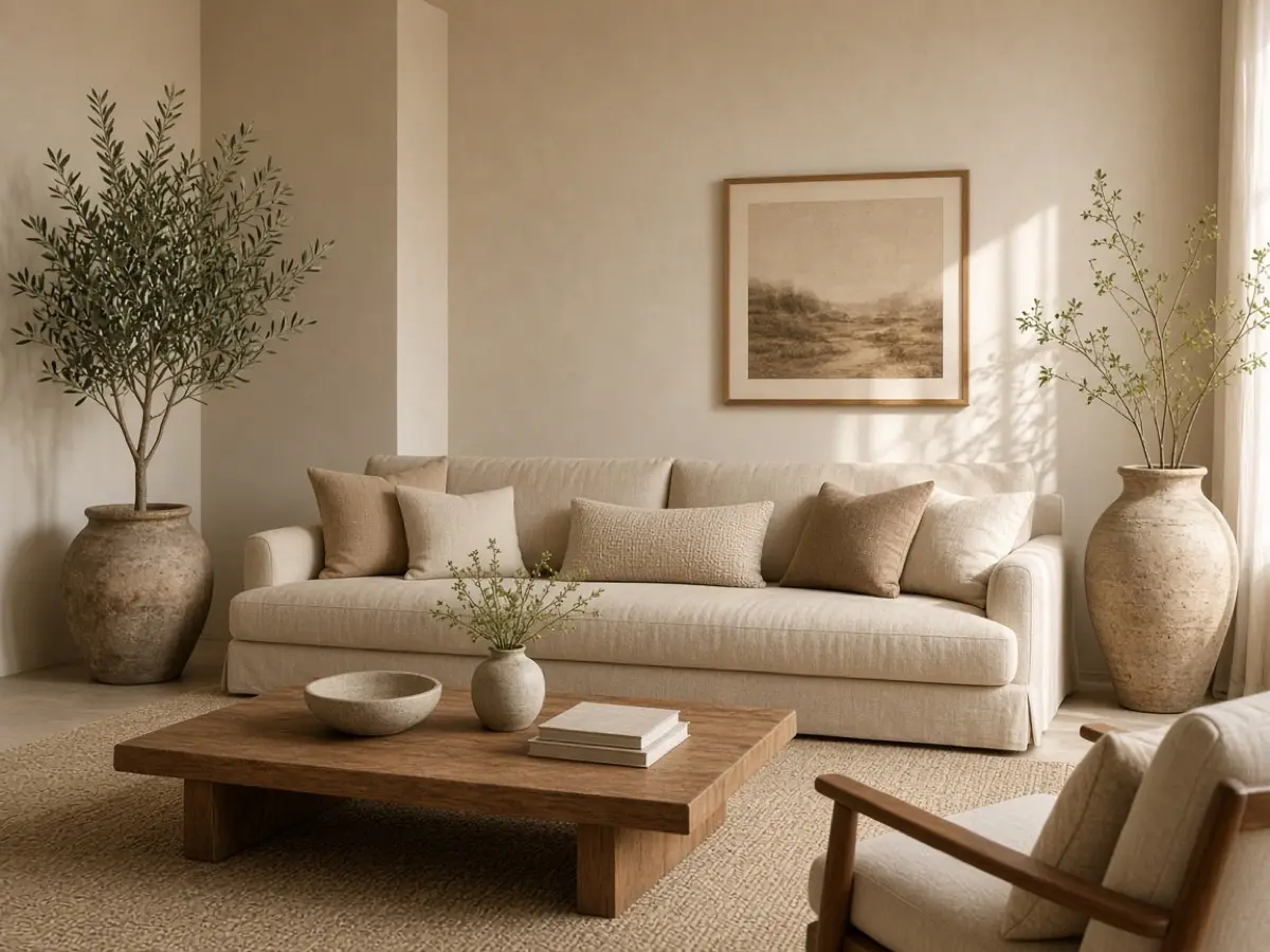 Warm beige walls and a sand sofa, ready for a muted blue