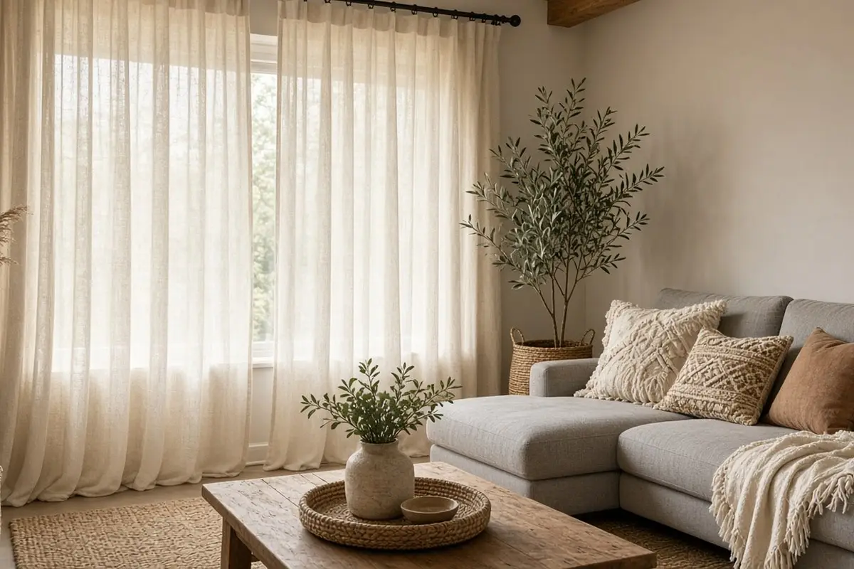 Cream linen curtains hung high in a boho living room